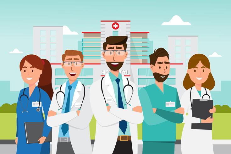 Set of doctor cartoon characters. Medical staff team concept in front of  hospital vector