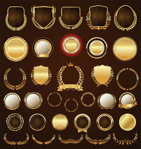 Golden badges labels laurels and ribbons collection vector