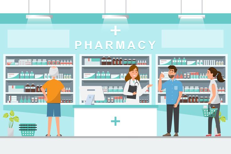 pharmacy with pharmacist and client in counter vector