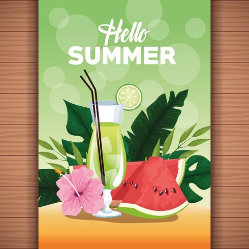 Hola cartel de tarjeta de verano con dibujos animados. vector