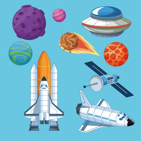 Naves espaciales planetas e iconos satelitales vector