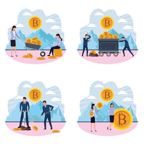 Conjunto de minería digital de mujeres y hombres bitcoin. vector