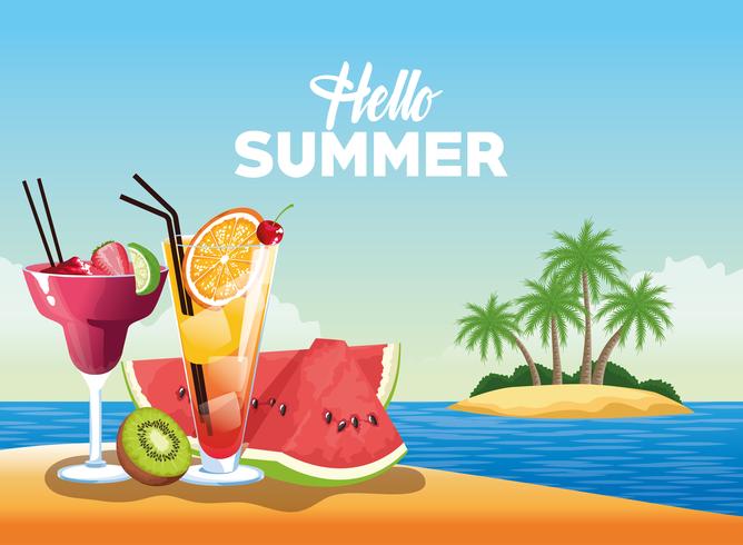 Hello summer card poster with cartoons vector