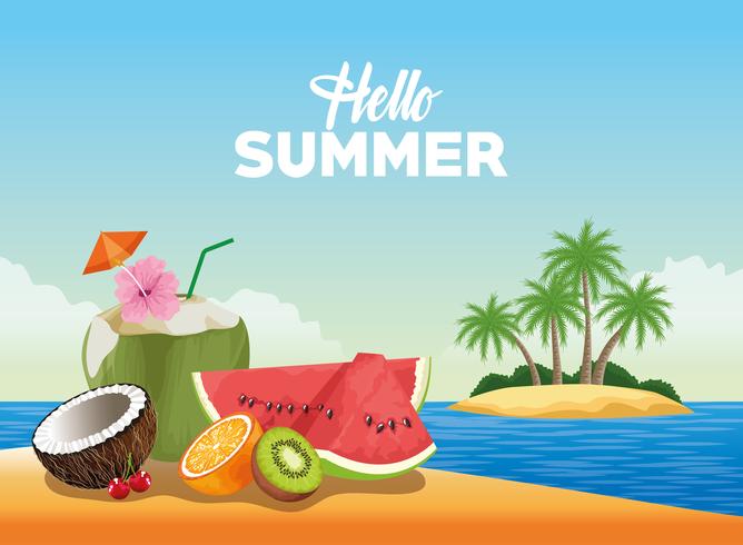 Hello summer card poster with cartoons vector