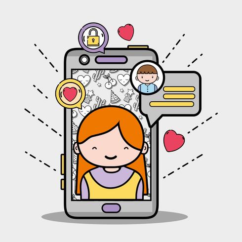 smartphone with girl inside and chat bubble message vector