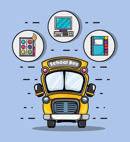 autobús escolar con el icono de utensilios escolares vector