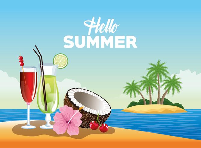 Hello summer card poster with cartoons vector