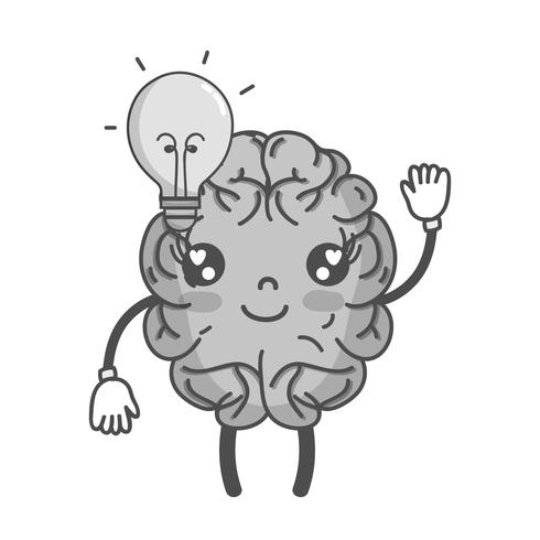 grayscale kawaii happy brain with bulb idea vector