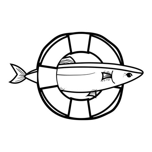 line fish with life buoy object design vector