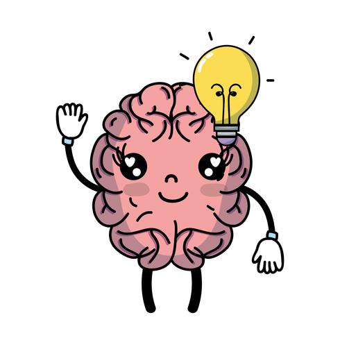 kawaii happy brain with bulb idea vector