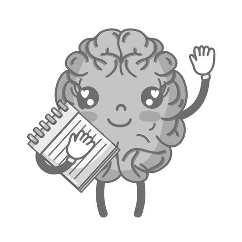 grayscale kawaii happy brain with notebook tool vector