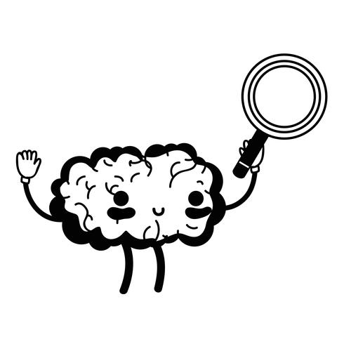 contour kawaii happy brain with magnifying glass vector