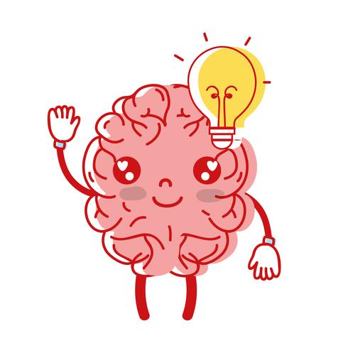 kawaii happy brain with bulb idea vector