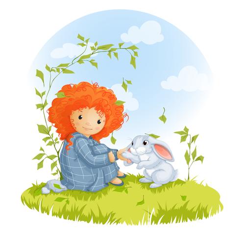 Curly red-haired girl and hare sitting on a meadow, best friends. vector