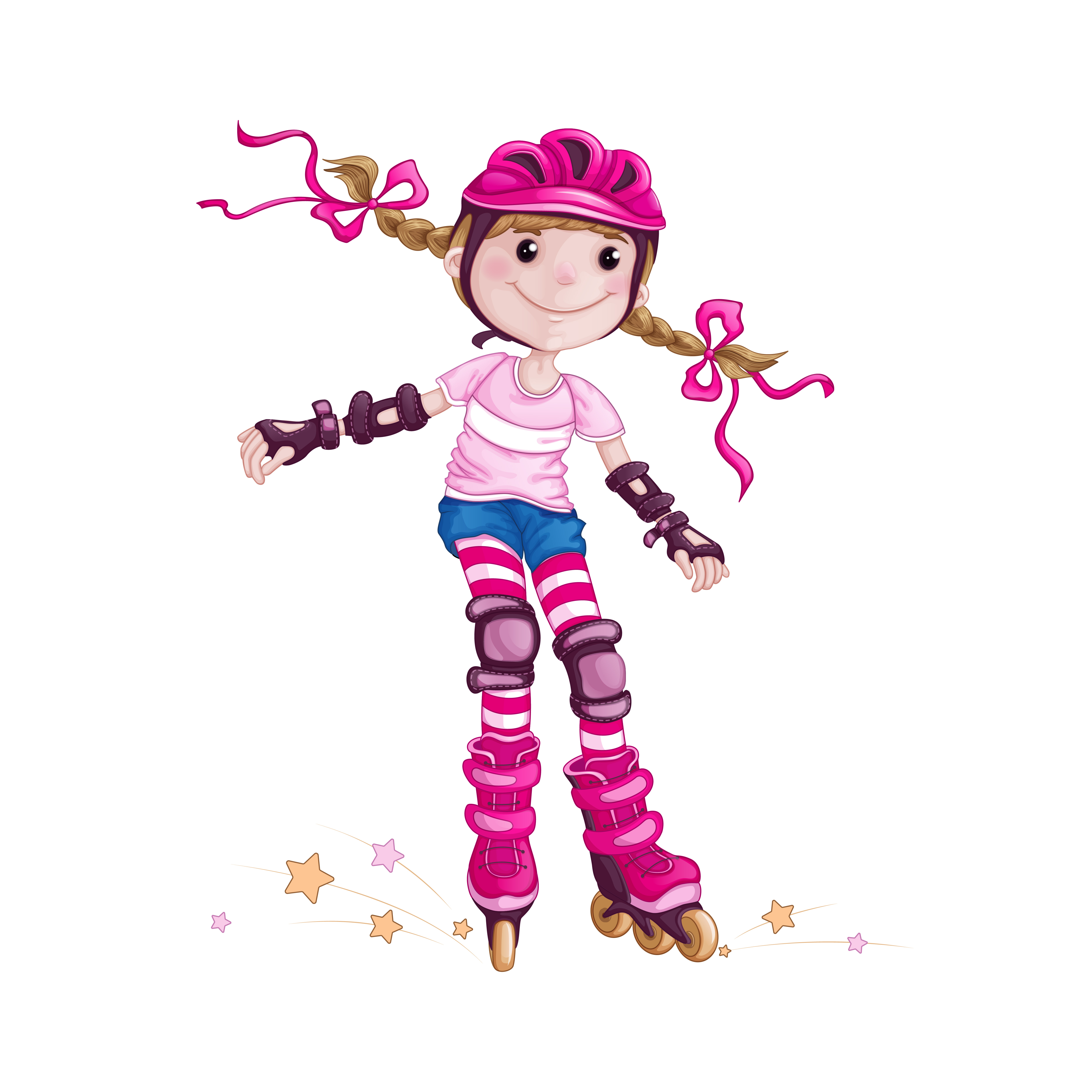 A girl in a pink helmet and protective accessories rollerblading