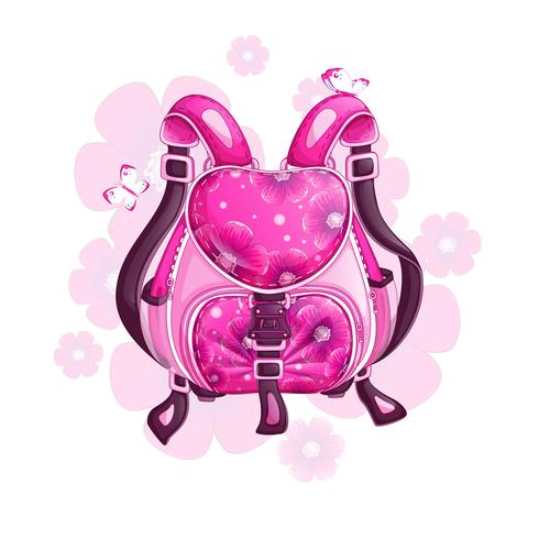 Beautiful pink sports backpack with a floral pattern. Spring design bags and accessories. Vector illustration.
