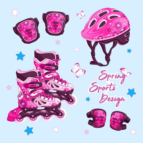 Un conjunto de artículos deportivos para patinar en un diseño de primavera con un patrón floral. Patines, casco, rodilleras y coderas. Vector conjunto de accesorios de dibujos animados.