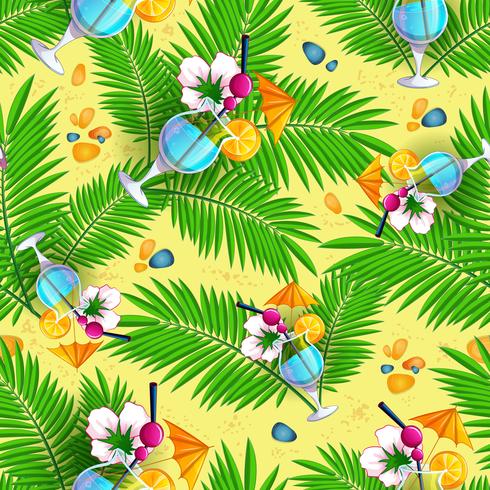 Seamless summer beach pattern with palm leaves and cocktails on yellow sand background. vector