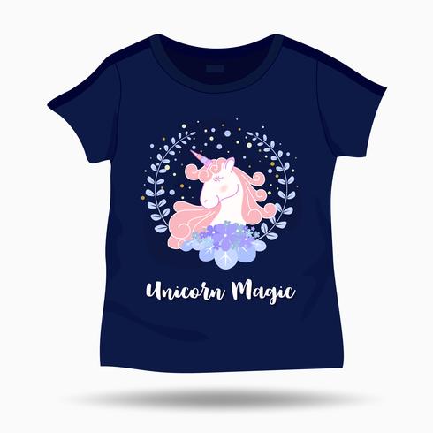 Cute unicorn and flower wreath illustration on T Shirt kids template. Vector illustration