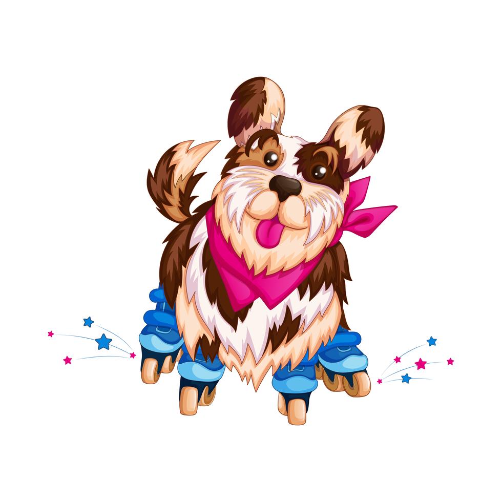Cute sports dog on roller skates. Sports kids cartoon character. Steep