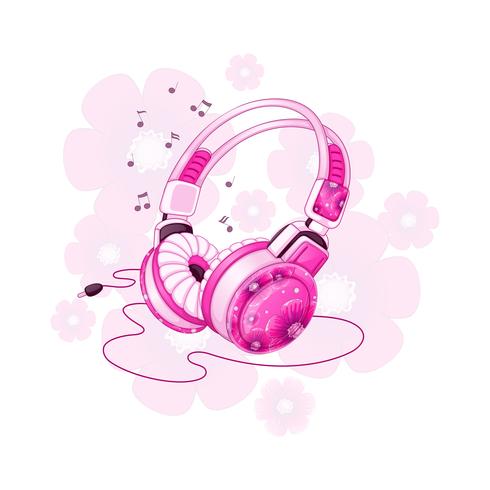 Elegantes auriculares estéreo con un diseño floral rosa. Accesorios musicales para deportes. Ilustración de dibujos animados de vector