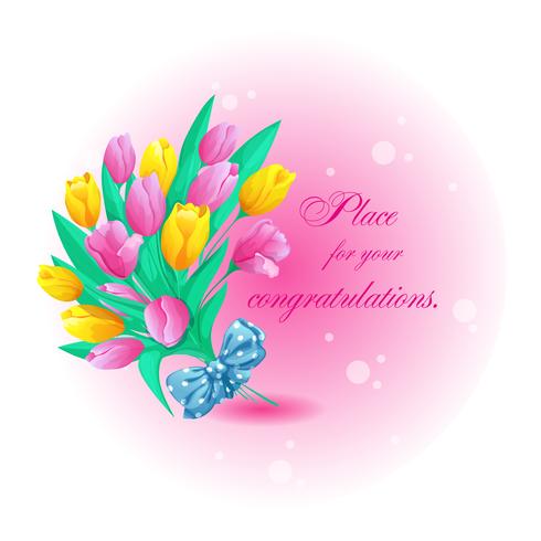 Greeting round card with a beautiful bouquet of spring tulips, bow and place for text. Vector greeting illustration for the holiday.