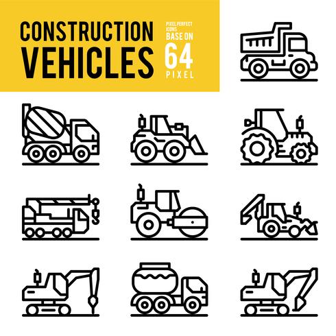 Vehículos de construcción y los iconos de esquema de transporte. Pixel Perfect Icon Base en 64px. vector