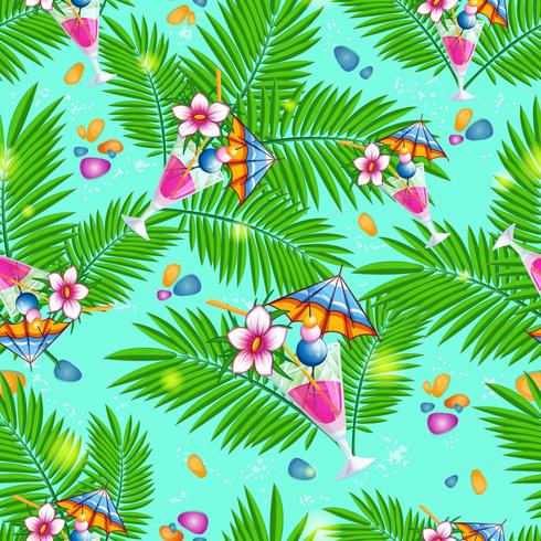 Seamless summer beach pattern with palm leaves and cocktails on blue sea background. vector