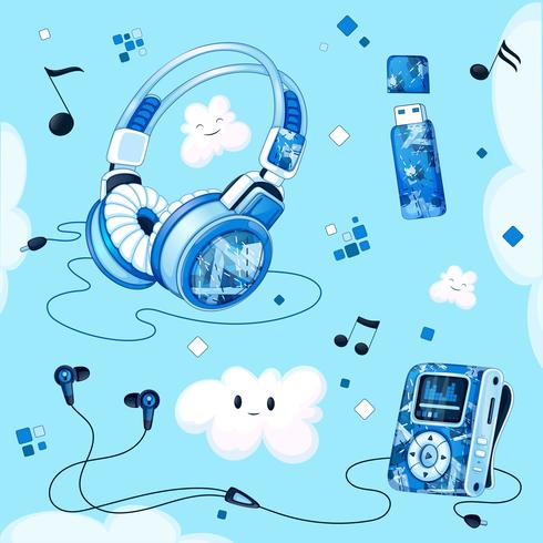 Conjunto de accesorios musicales con un estampado geométrico azul. Reproductor de MP3, auriculares, auriculares de vacío, memoria USB para música, nubes divertidas, partituras. vector