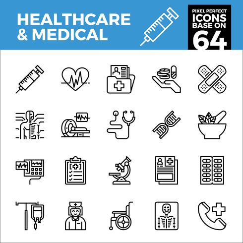 Sanidad y medicina iconos de píxel perfecto base en 64PX. Estilo de esquema vector