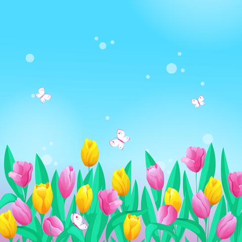 Ilustración con un borde de tulipanes, cielo y mariposas. vector