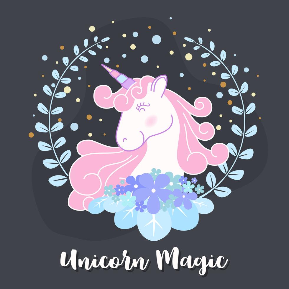 Cute unicorn and flower wreath illustration design. Vector illustration ...