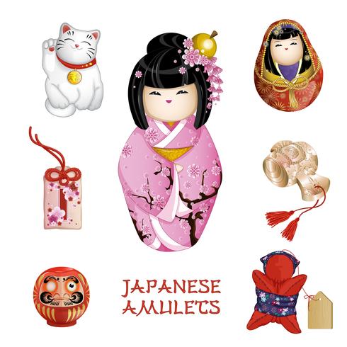 Un conjunto de amuletos japoneses. Tradiciones japonesas, recuerdos turísticos. ilustración vectorial vector