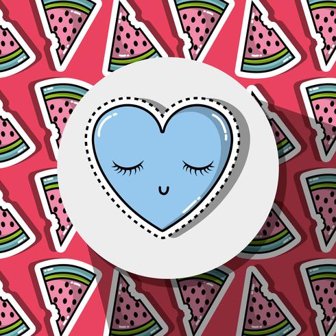 heart with eyes patch over watermelon background vector