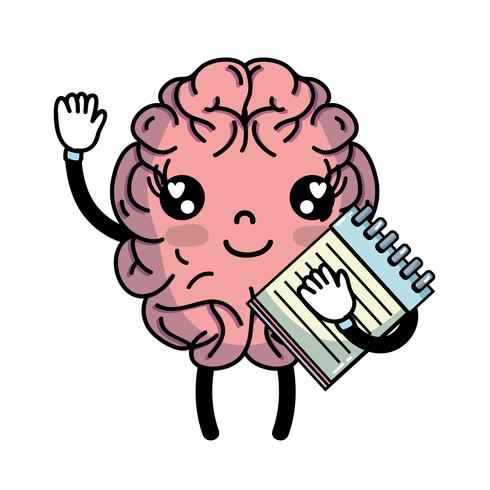 kawaii happy brain with notebook tool vector