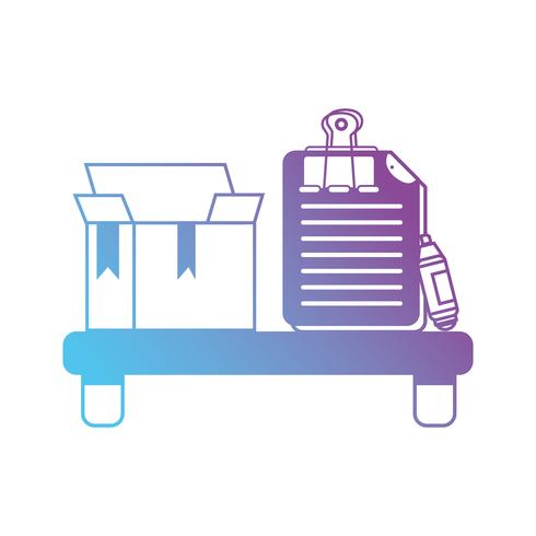 silhouette wood shelf with box and documents with clip and highlighter pen vector