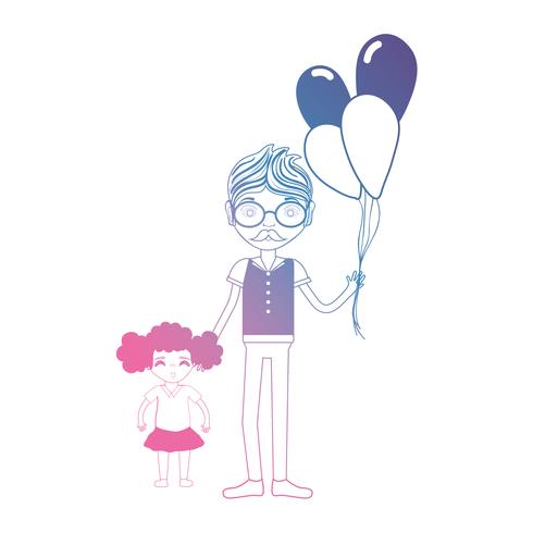 Línea padre con su hija y diseño de globos. vector