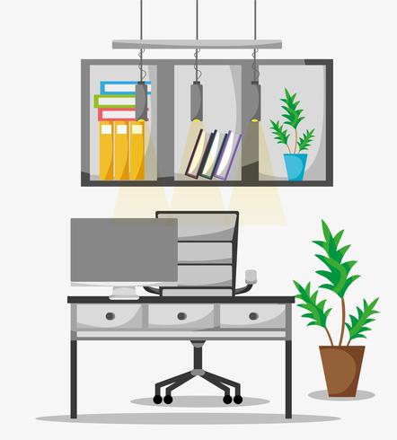 Piso de oficinas con escritorio y accesorios de trabajo. vector