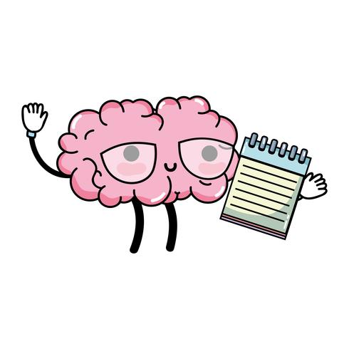 kawaii happy brain with notebook tool vector