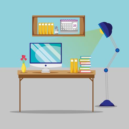 office flat with desk and work accessories vector