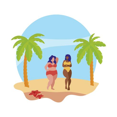 Joven pareja de chicas interraciales en la playa escena de verano vector