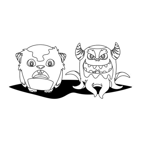 funny monsters couple comic characters monochrome vector