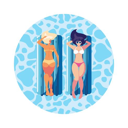 beautiful girls with float mattress floating in water vector