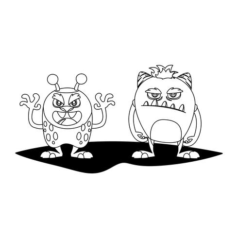 funny monsters couple comic characters monochrome vector