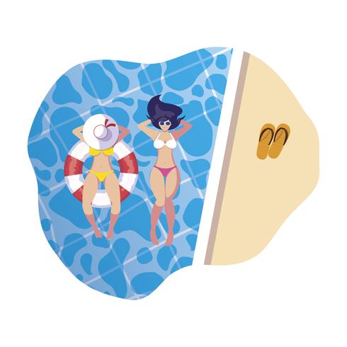 girls with swimsuit and lifeguard float in water vector