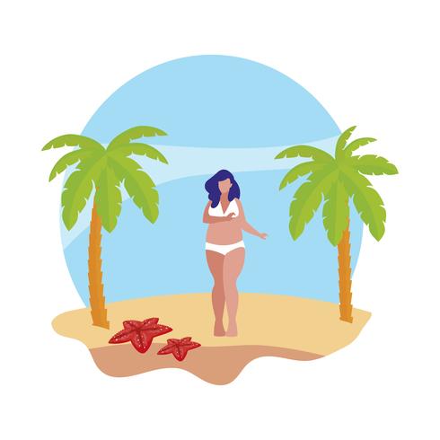 Joven mujer grande en la escena de verano de playa vector