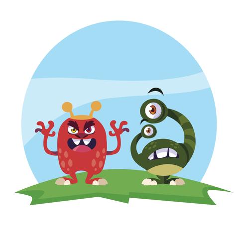 funny monsters couple in the field characters colorful vector