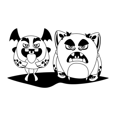 funny monsters couple comic characters monochrome vector