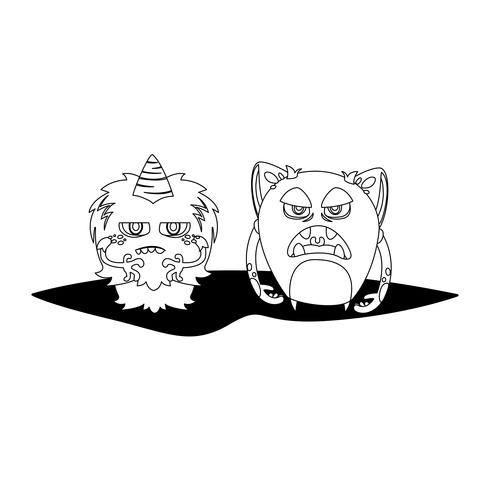 funny monsters couple comic characters monochrome vector