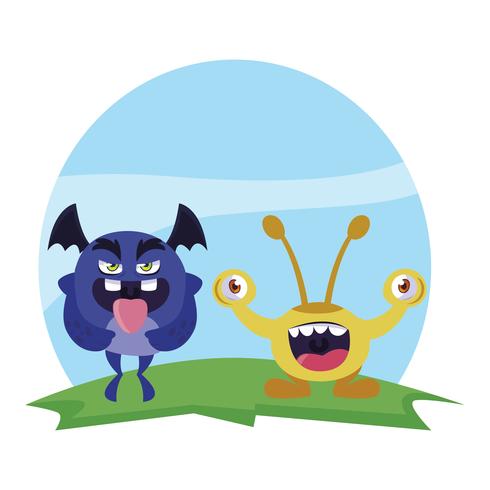 funny monsters couple in the field characters colorful vector